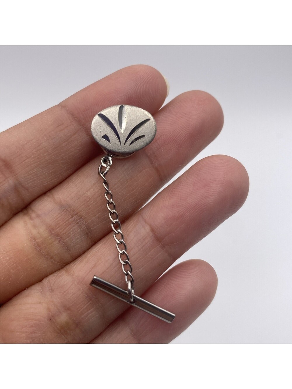 Simple Silver Tone Tie Tack Pin Carved floral Vintage Retro Mid Century Modern